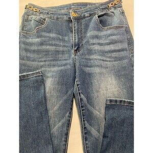 INC Women's Denim Jeans NWT Flare High Rise Med Wash Gold Chain Trim 10/30